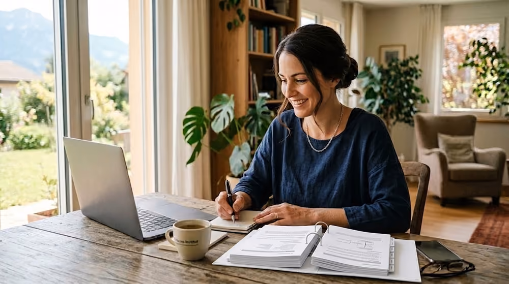 Frau arbeitet lächelnd am Laptop mit Büchern und Notizblock in hellen Wohnzimmer mit Pflanzen. KI generiert.