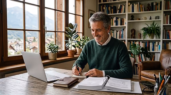 Ein lächelnder Mann schreibt an einem Tisch mit Laptop, Unterlagen und Büchern vor einem Fenster mit Bergblick.