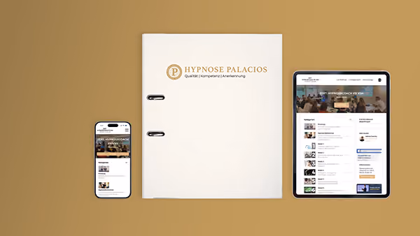 Weisser Ordner mit Hypnose Palacios Logo zwischen Smartphone und Tablet mit Webseite angezeigt.