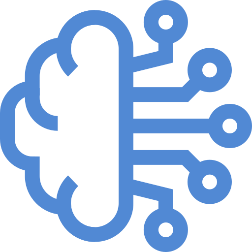 Blue outline of a brain with circuits on the right side representing artificial intelligence.