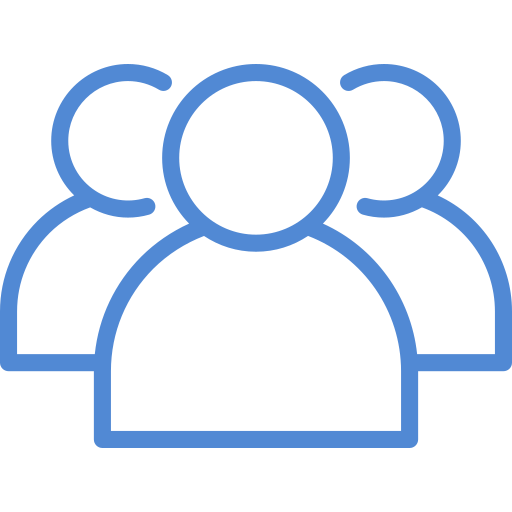 Blue line icon of three people representing a group or community.