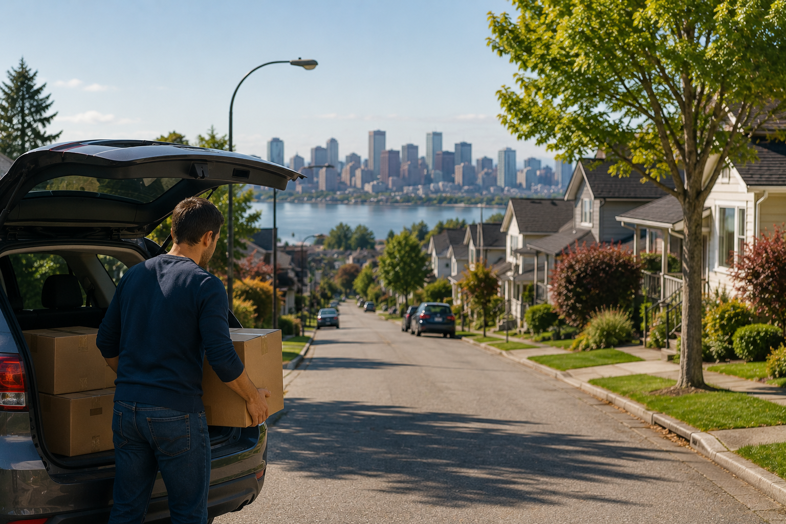 Man unloading cardboard moving boxes from the trunk of an SUV in a quiet Canadian suburban neighborhood, with detached family homes, tree-lined streets, and a distant city skyline visible across the water on a sunny day.