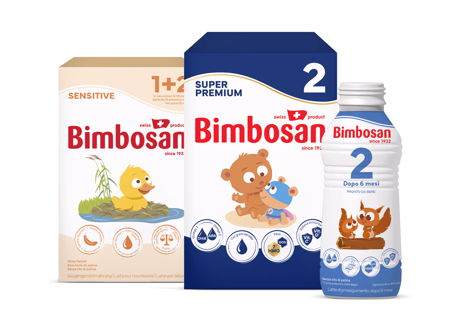 Confezioni Bimbosan latte per bambini con disegni di anatra, orsetti e scoiattoli per diverse età.