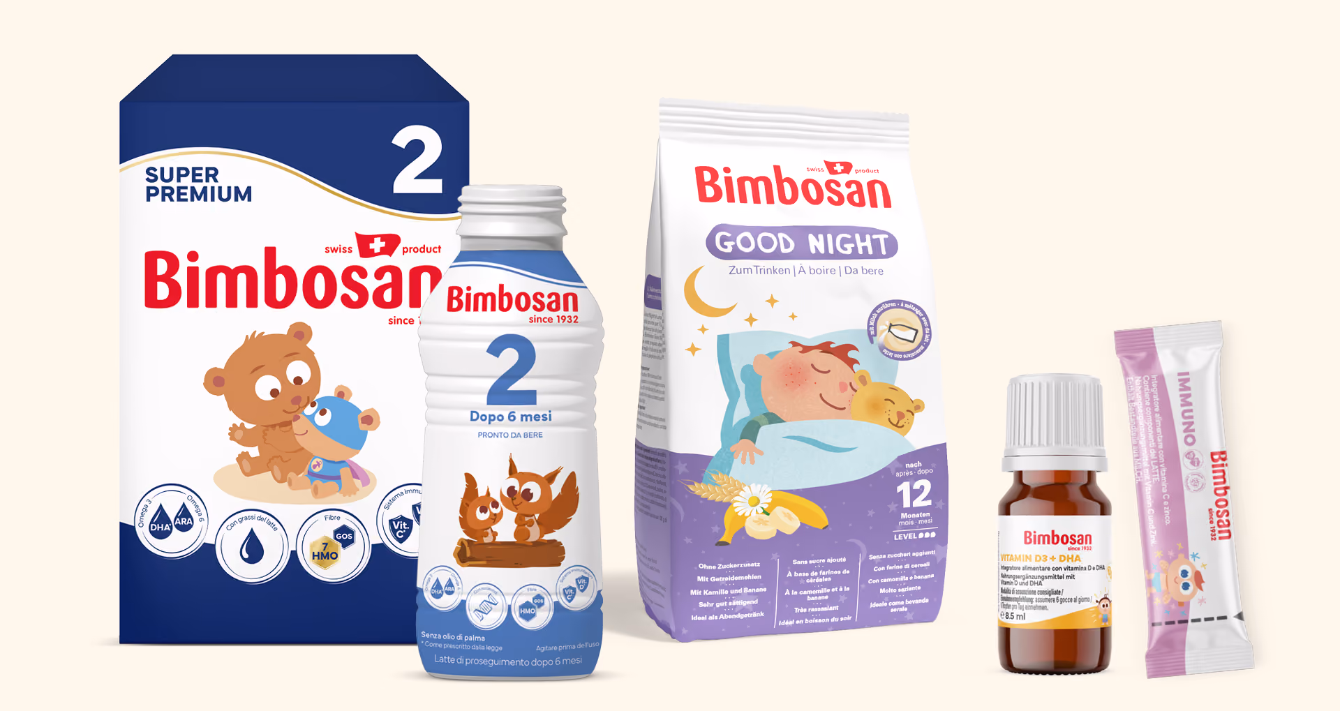 Prodotti Bimbosan per bambini: latte, bevanda buona notte, vitamina D3 e integratore Immuno.