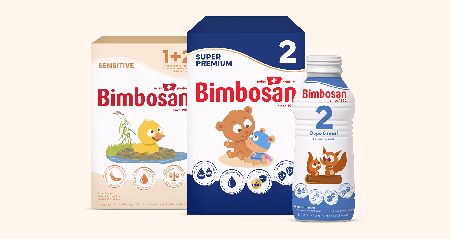 Tre prodotti Bimbosan per bambini, inclusi latte in polvere e liquido, con illustrazioni di animali.