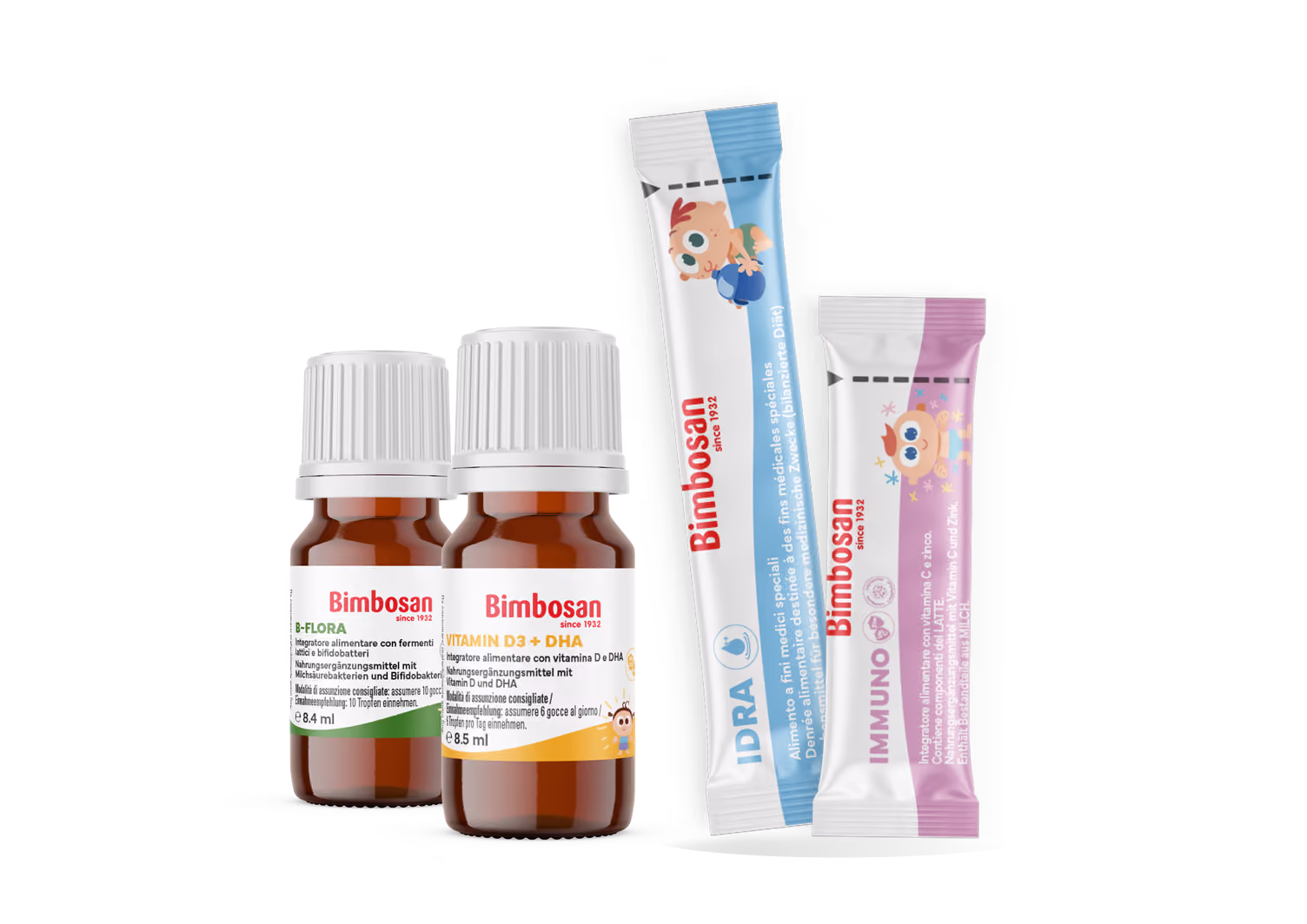 Due flaconi e due bustine di integratori alimentari Bimbosan per flora intestinale, vitamina D3 e supporto immunitario.
