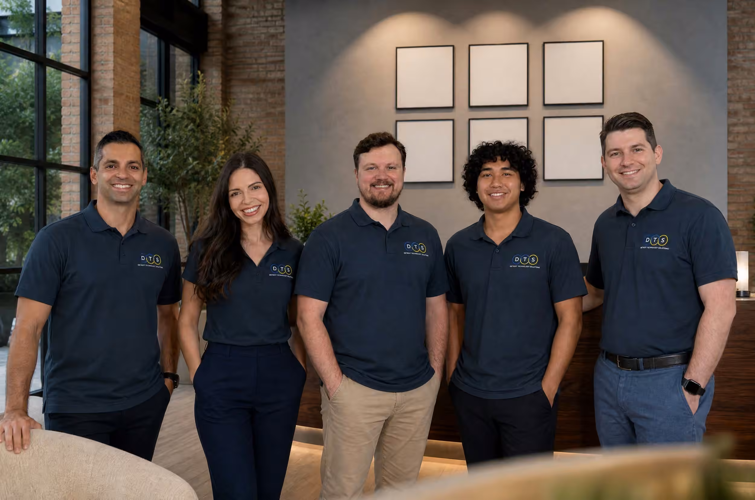 Detroit Technology Solutions IT team of five smiling professionals in branded DTS polo shirts posing in modern office