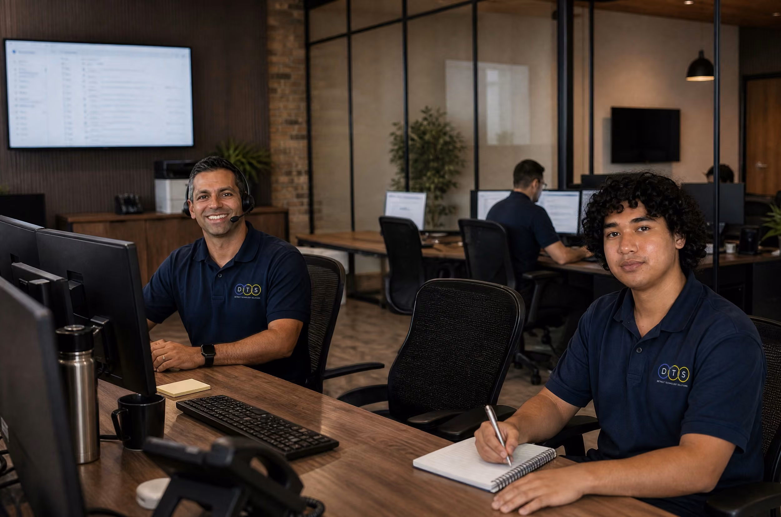 Detroit Technology Solutions IT support team members working at help desk workstations in modern Detroit office