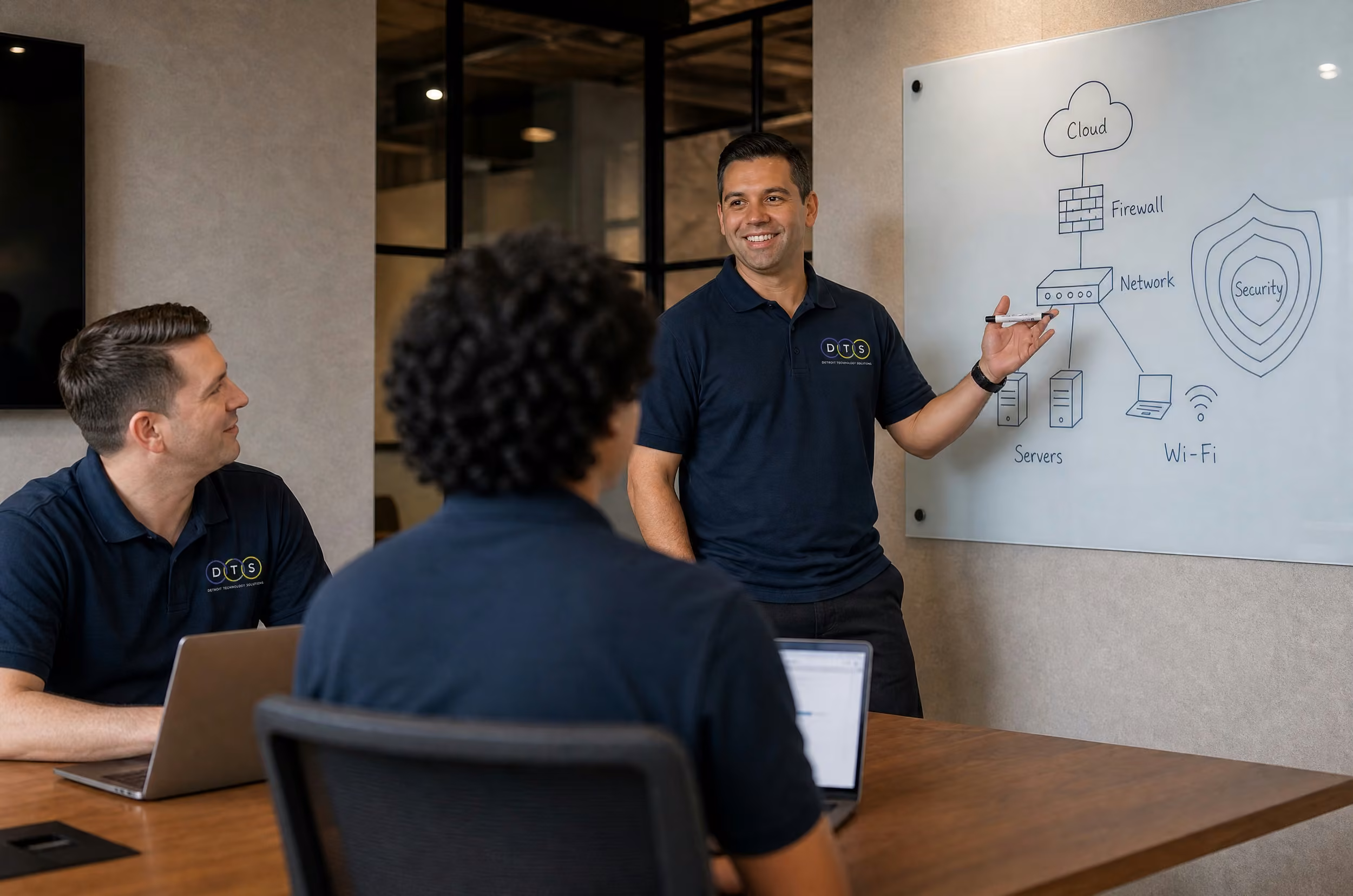 Detroit Technology Solutions IT consultant presenting network security diagram on whiteboard to team members in conference