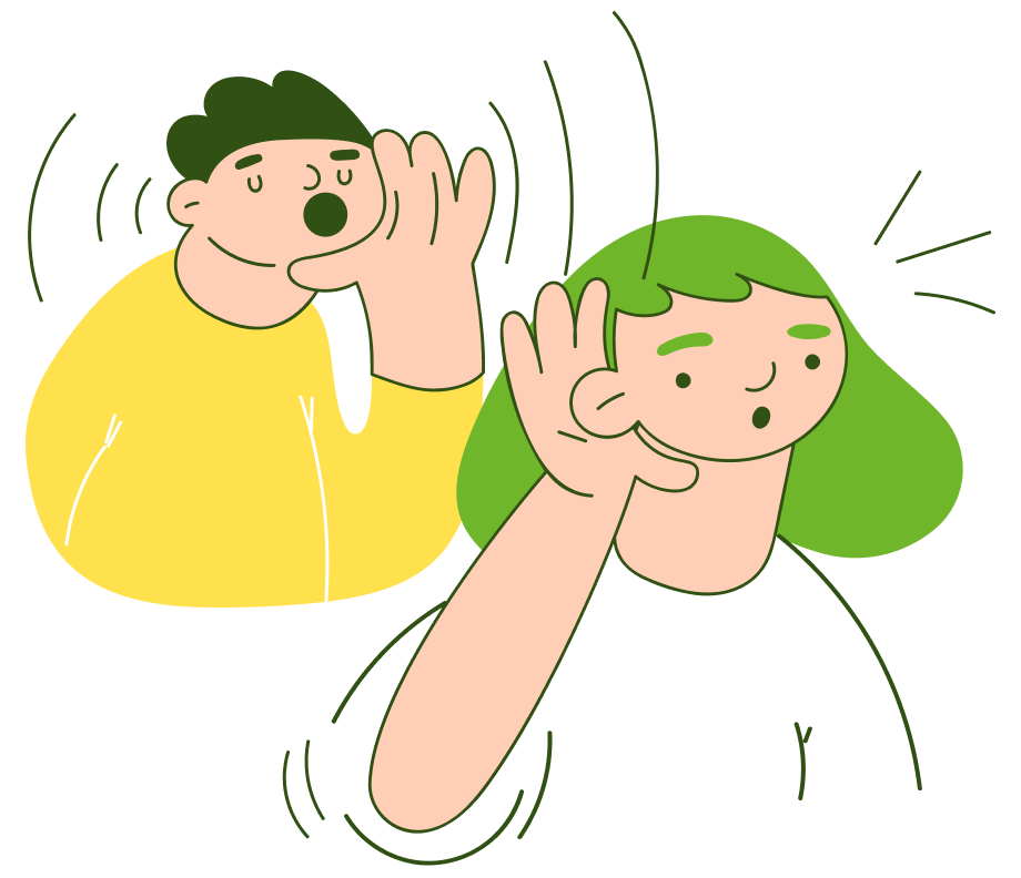 Illustration: Eine Person spricht, eine andere hält sich die Hand ans Ohr, um besser zuzuhören.