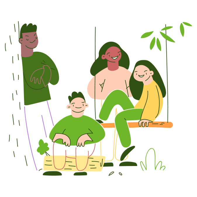 Illustration von vier lächelnden Personen: eine auf einer Schaukel, eine auf einem Baumstamm, zwei stehen daneben.