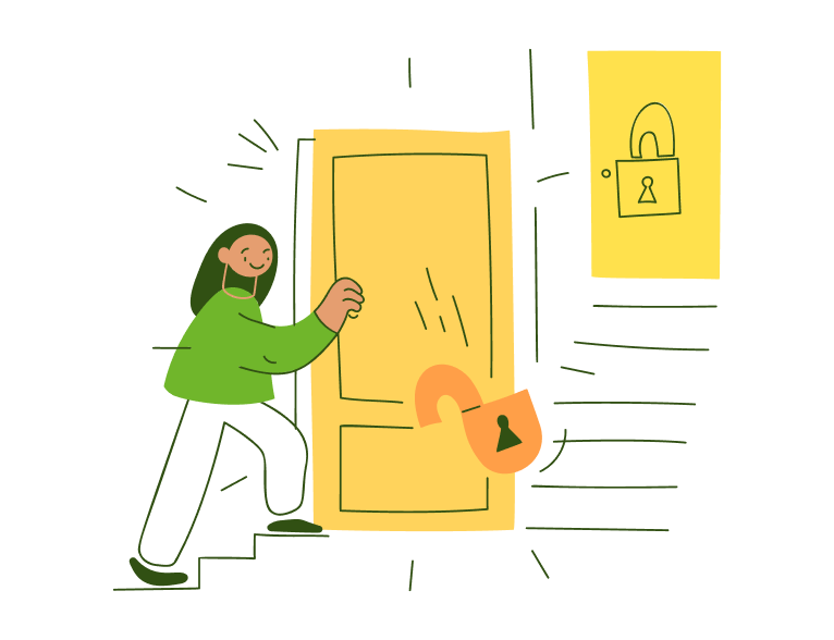 Illustration einer Person, die eine gelbe Tür mit einem offenen Vorhängeschloss öffnet.