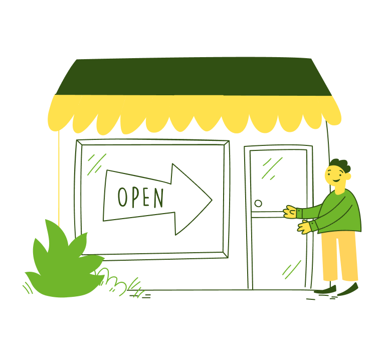 Illustration eines Geschäfts mit geöffnetem Schild und einer Person, die die Tür öffnet.
