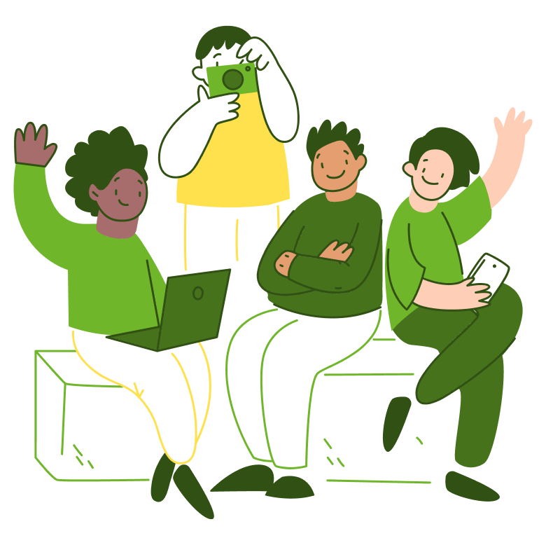 Illustration von vier Personen, eine winkt, eine fotografiert, eine nutzt Laptop, eine hält Smartphone.