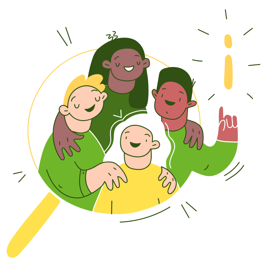 Illustration von fröhlichen Menschen, betrachtet durch eine Lupe, mit einem leuchtenden Ausrufezeichen.