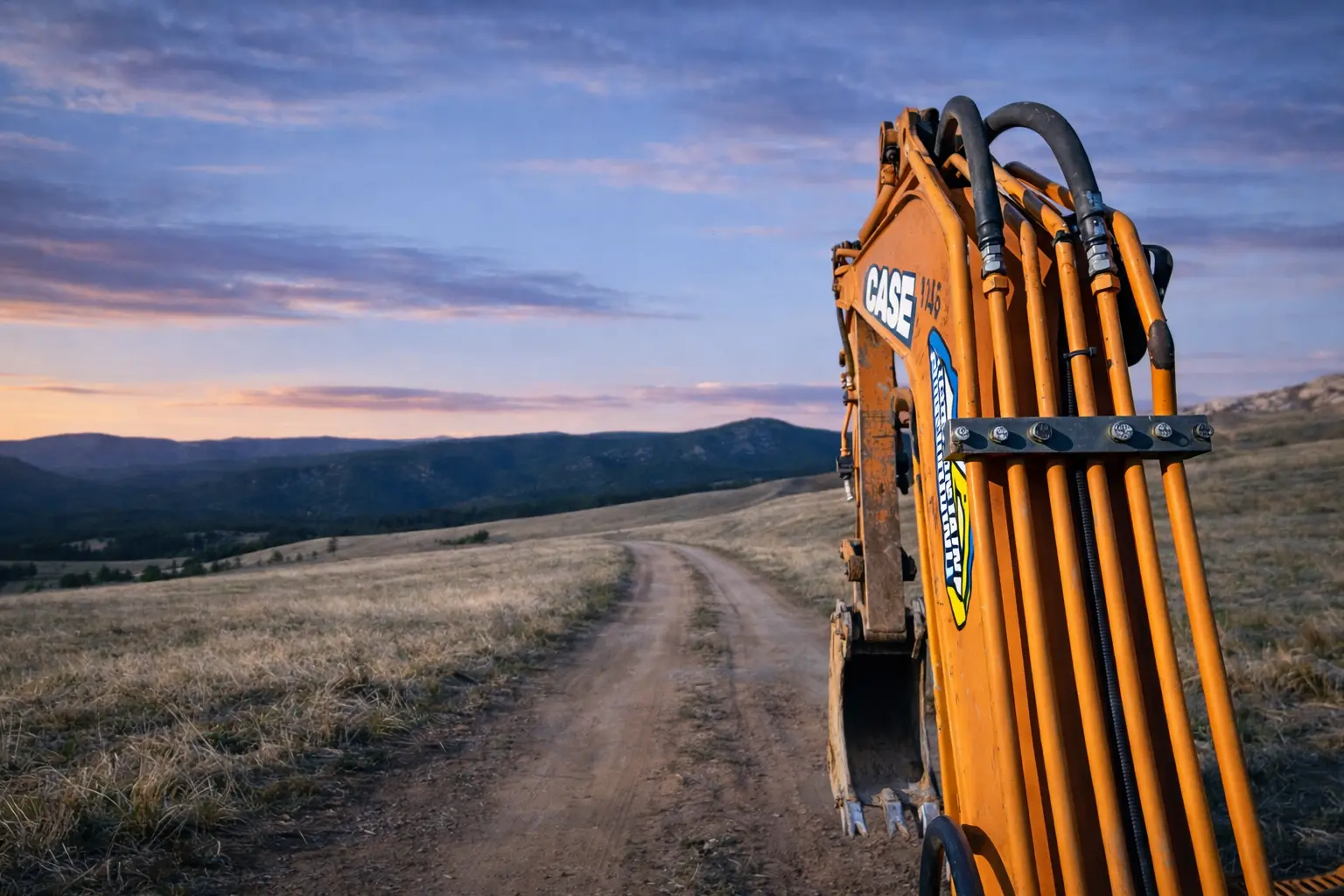 Orange CASE excavator arm on dirt road in a grassy field with mountains under a colorful sunset sky.