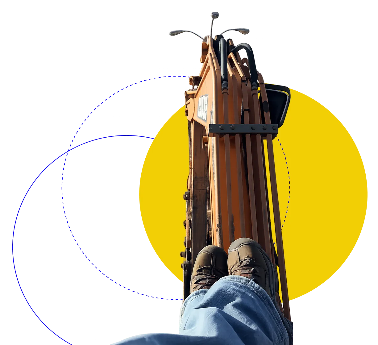 View looking down at feet wearing boots resting on the arm of an orange construction excavator with a yellow circular background.