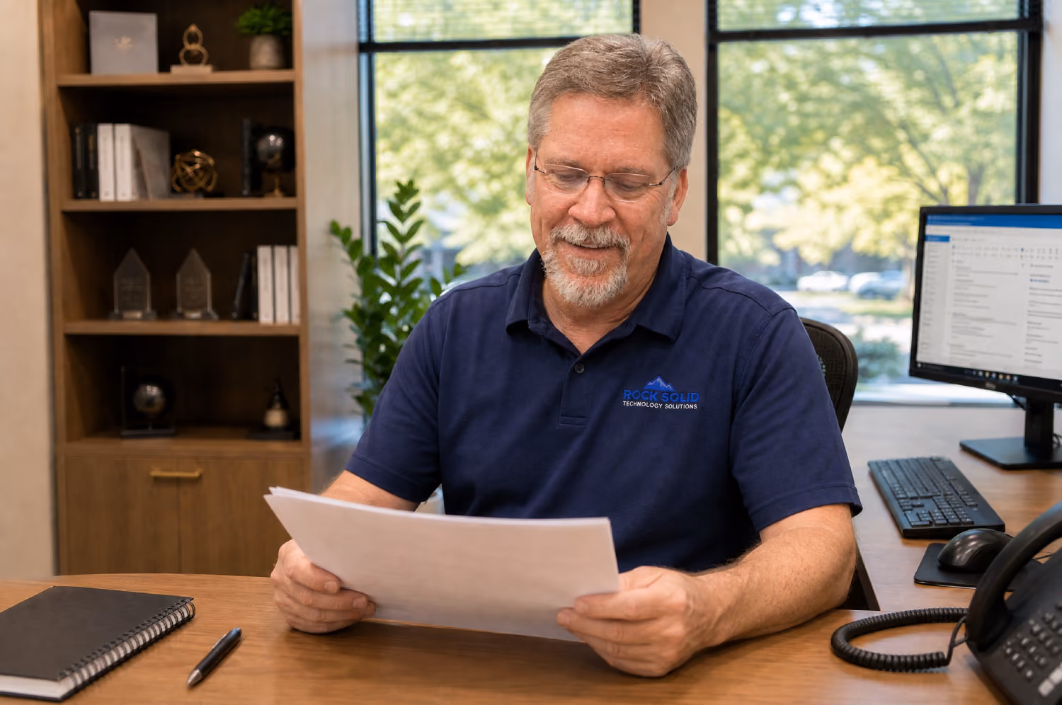 Rock Solid Technology Solutions help desk team providing managed IT support via phone and computer in a professional office