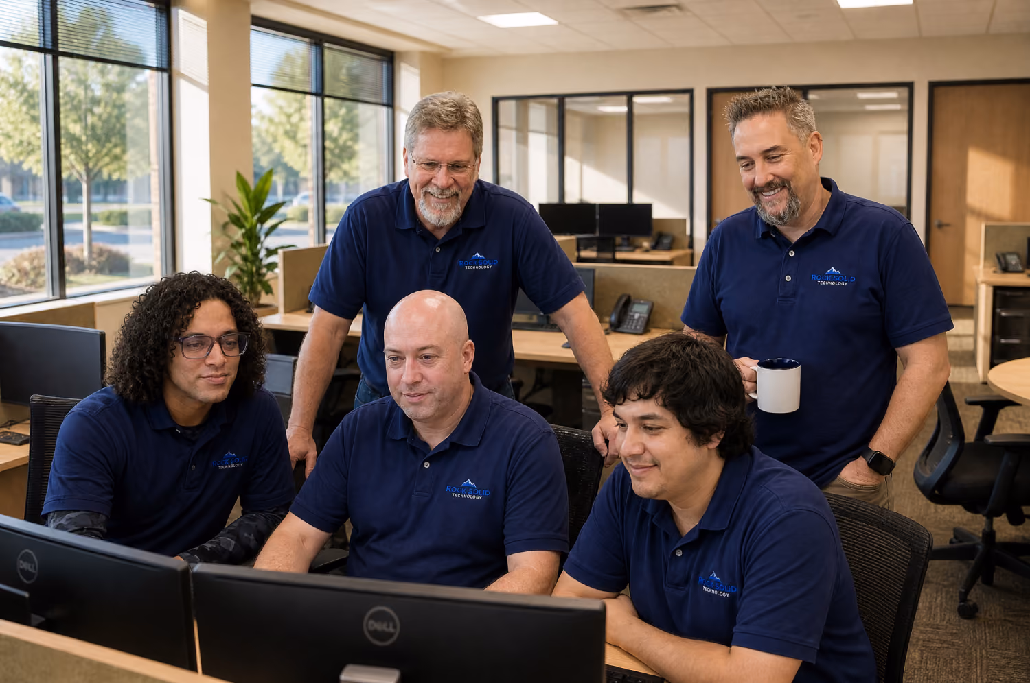 Rock Solid Technology team members monitoring cybersecurity dashboards and responding to client IT alerts in office