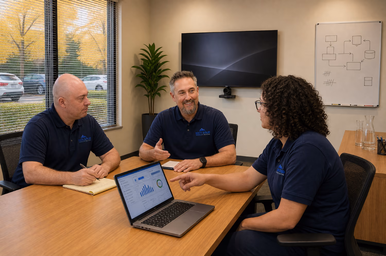 Rock Solid Technology Solutions IT professional reviewing cloud infrastructure documents at office desk