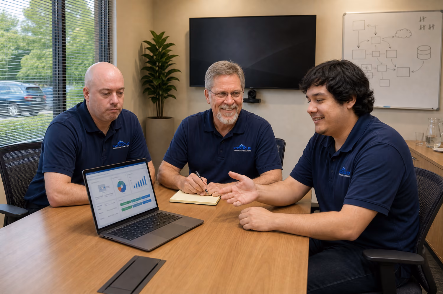 Two IT technicians collaborating at a dual-monitor workstation while providing remote phone support