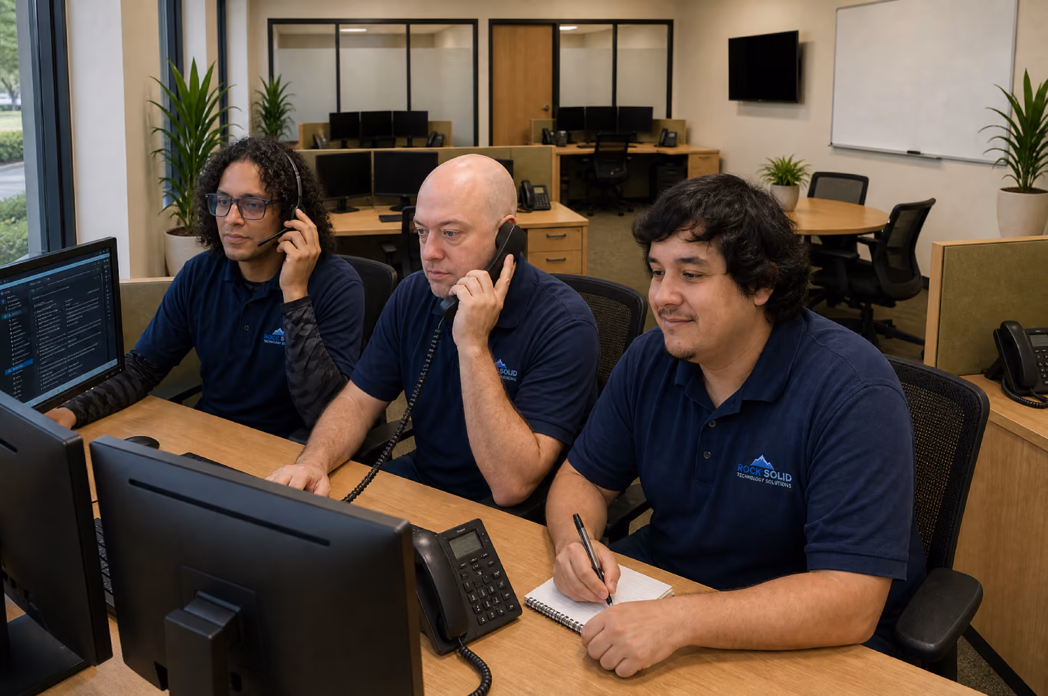 Rock Solid Technology team testing network cables and reviewing diagrams at a server rack in a data center