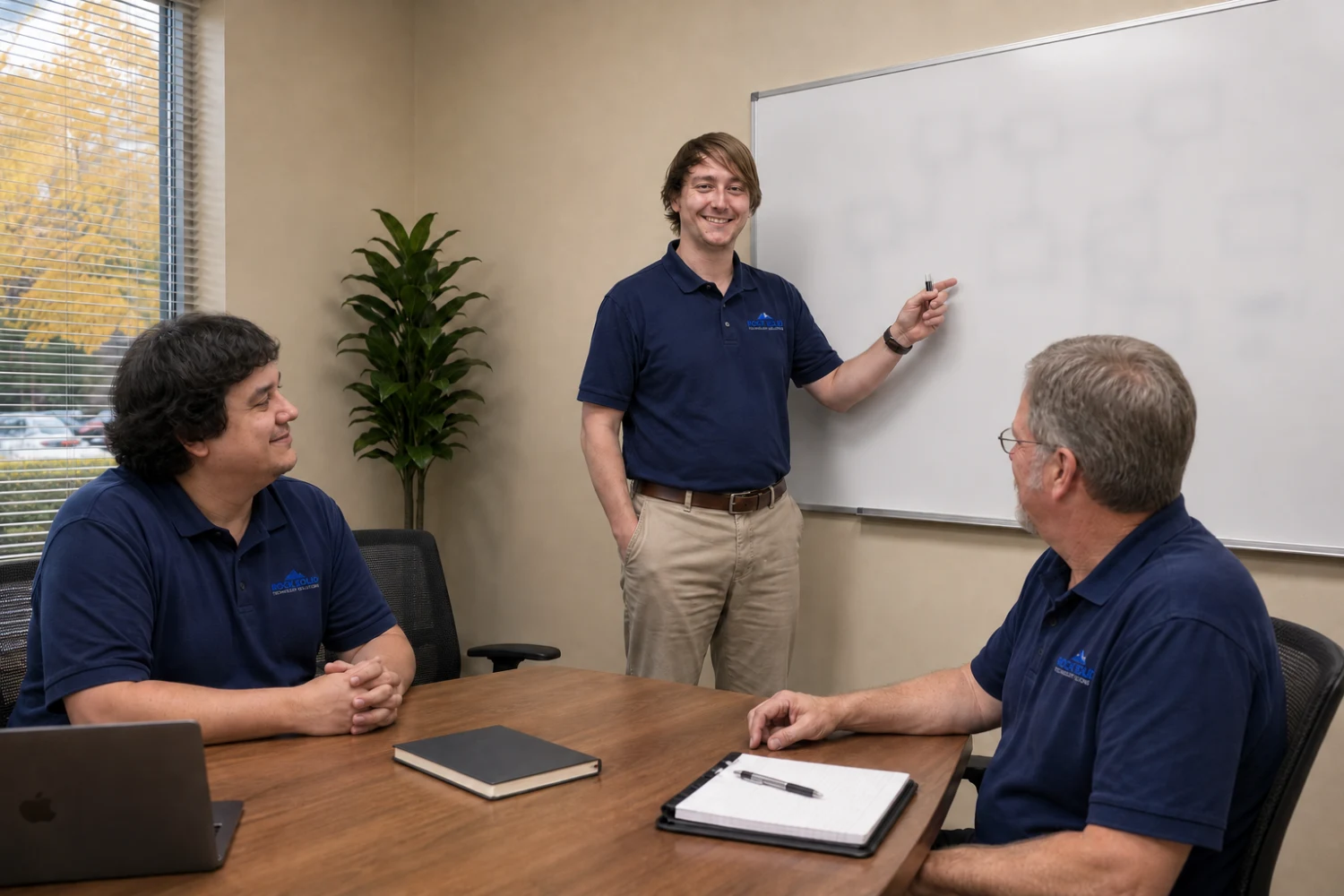 Rock Solid Technology team monitoring cybersecurity dashboards and providing IT support in a Thousand Oaks office