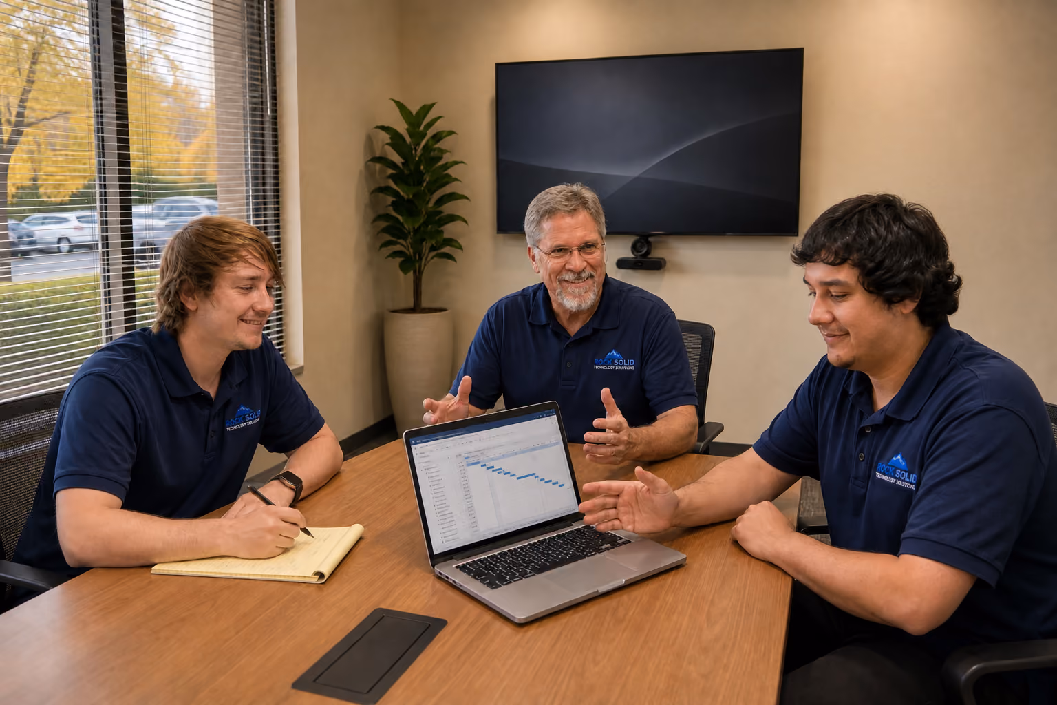 Rock Solid Technology Solutions IT team reviewing managed services project plan on laptop in conference room