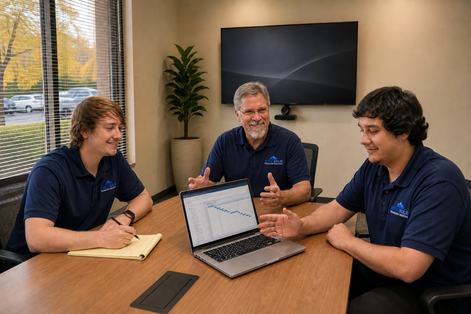 Rock Solid Technology Solutions IT team reviewing managed services project plan on laptop in conference room