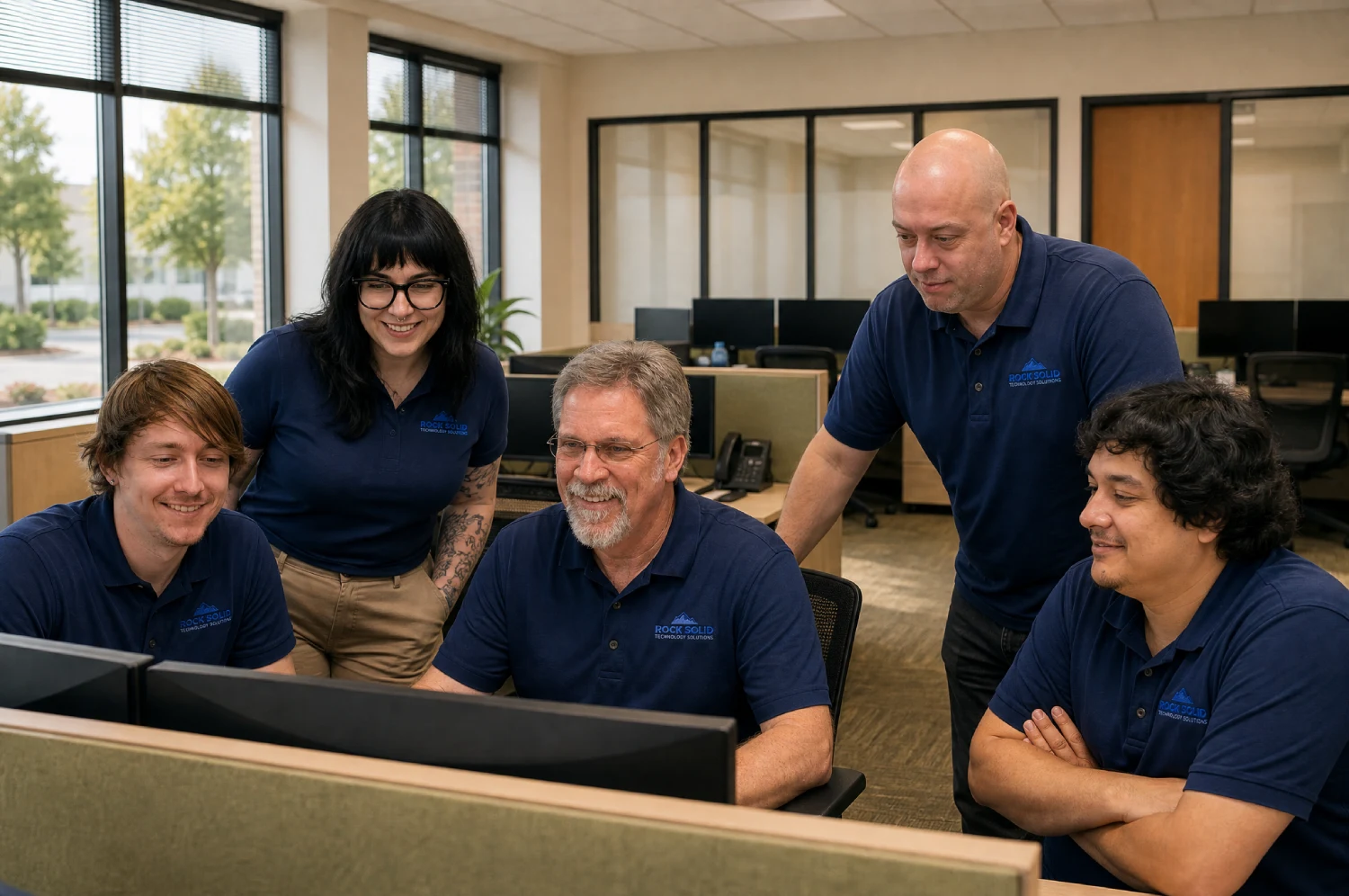 Rock Solid Technology Solutions IT team collaborating around a computer monitor in a Thousand Oaks office