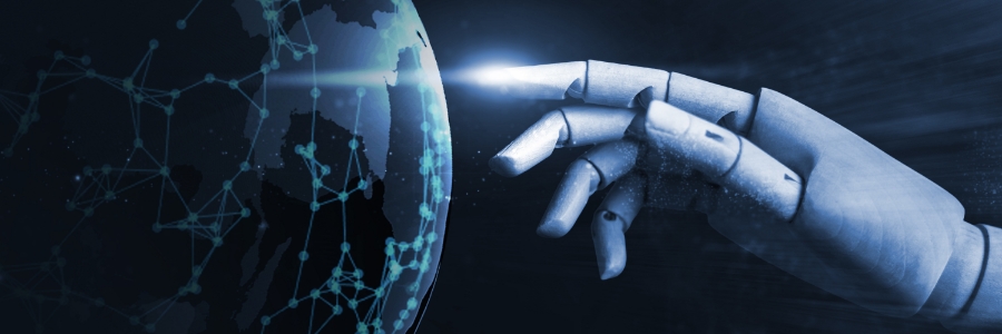 Robot hand touching a glowing globe with digital network connections, representing AI-powered business technology solutions