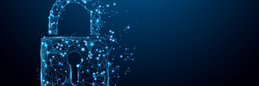 Glowing digital padlock made of interconnected nodes and triangles fragmenting on a dark blue background