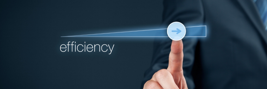 Businessperson pointing at a glowing efficiency progress bar interface, representing IT productivity solutions for businesses