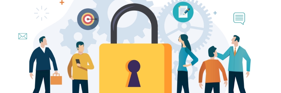 Business professionals gathered around a large padlock with gear icons, representing Microsoft 365 data security