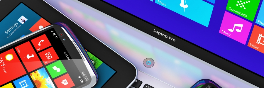 Windows 11-style tablet and smartphone displaying colorful Metro UI tiles including Maps, Music, and Downloads apps