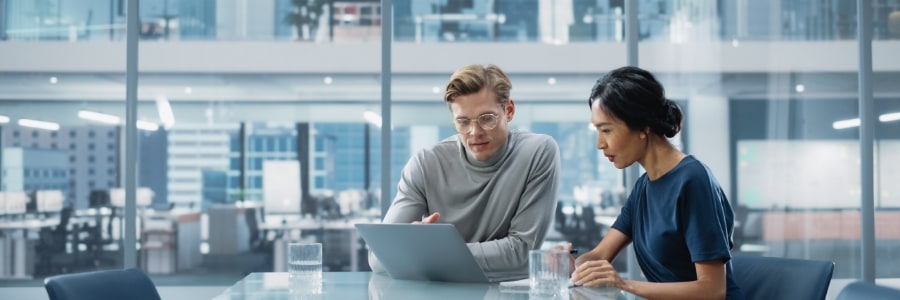 Two professionals reviewing content on a laptop in a modern office, collaborating on IT solutions