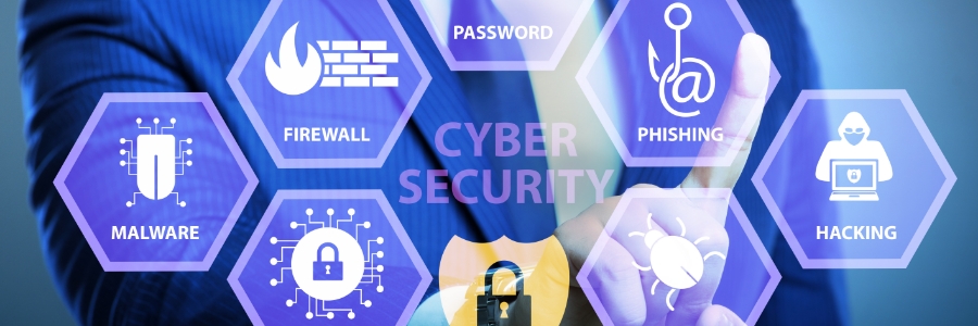Businessperson touching hexagonal cybersecurity icons including firewall, malware, phishing, hacking, and password protection