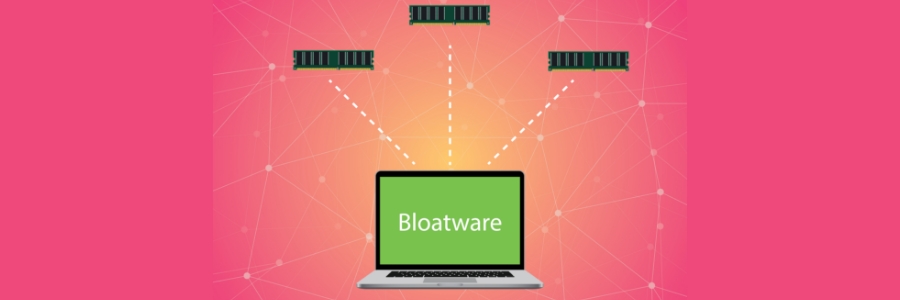 Laptop displaying bloatware text with RAM memory modules connected by dashed lines on pink background