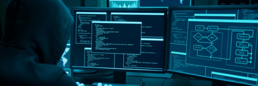 Hooded figure working at multiple monitors displaying code and cybersecurity flowcharts in dark environment
