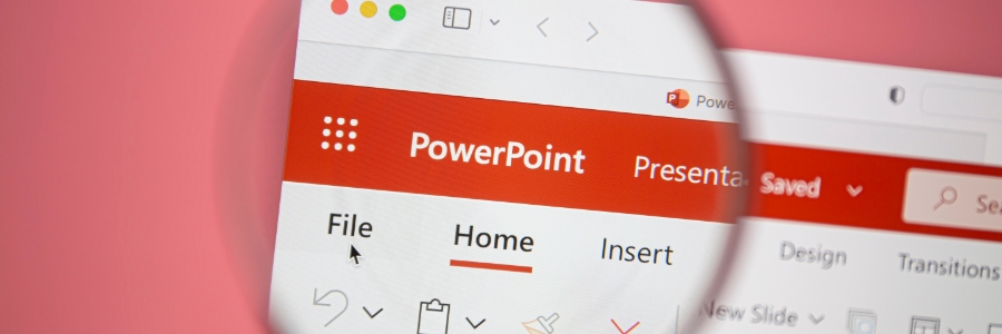 Microsoft PowerPoint interface shown through magnifying glass highlighting File and Home menu tabs on red toolbar