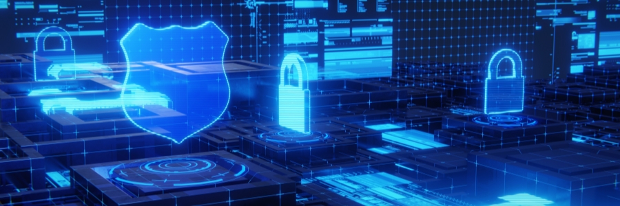 Glowing blue cybersecurity shield and padlock icons floating above a digital circuit board network