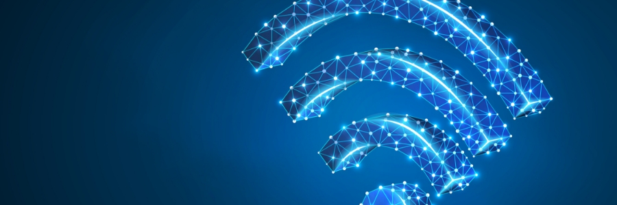 Glowing blue geometric Wi-Fi signal icon made of connected nodes and triangles on dark background