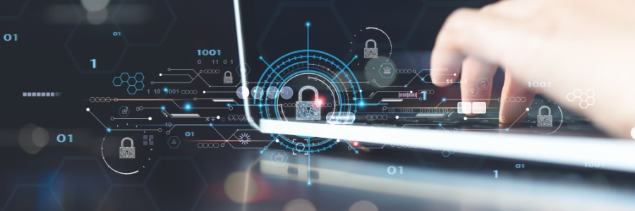 Hands typing on tablet with glowing cybersecurity lock icons and binary code digital network overlay