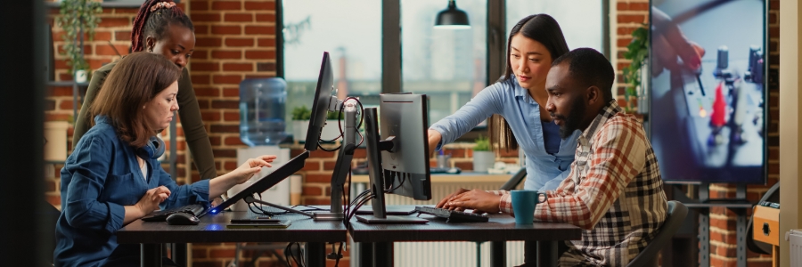 Diverse IT team collaborating at dual monitors while reviewing automated workflow solutions in modern office