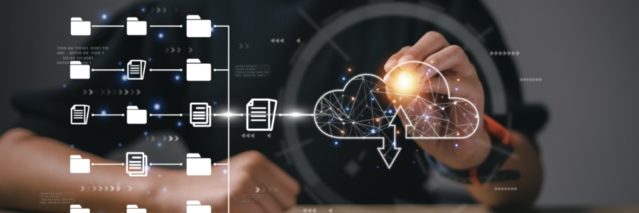 Person pointing at glowing cloud upload icon connected to digital file folder network, representing cloud data migration