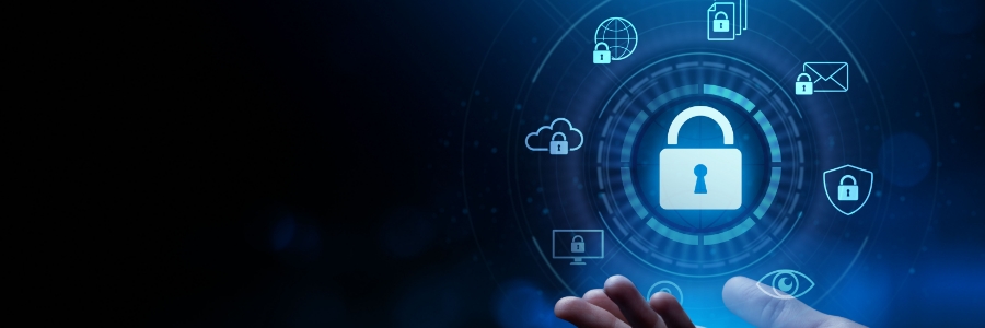 Hand pointing at glowing digital lock icon surrounded by cybersecurity symbols on dark blue background
