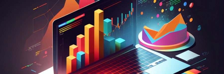 Colorful bar and area charts on a laptop screen with floating data visualizations representing business IT analytics