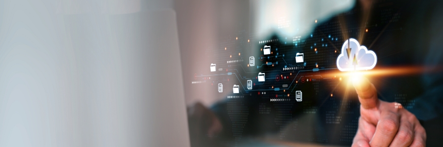 Person touching a glowing cloud icon surrounded by digital file folders and data network connections in a dark tech interface