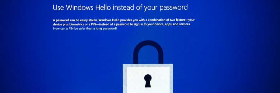 Windows Hello login screen with padlock icon promoting passwordless authentication for Windows 11 security