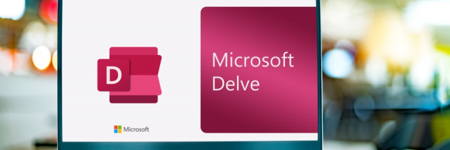 Microsoft Delve logo and app icon displayed on a computer monitor screen